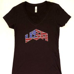 USA Word Patriotic Sparkling Bling Rhinestone Women's Black V-Neck Shirt